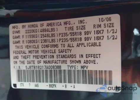 2007 Acura Rdx из США, поврежденный, VIN 5J8TB18217A008388